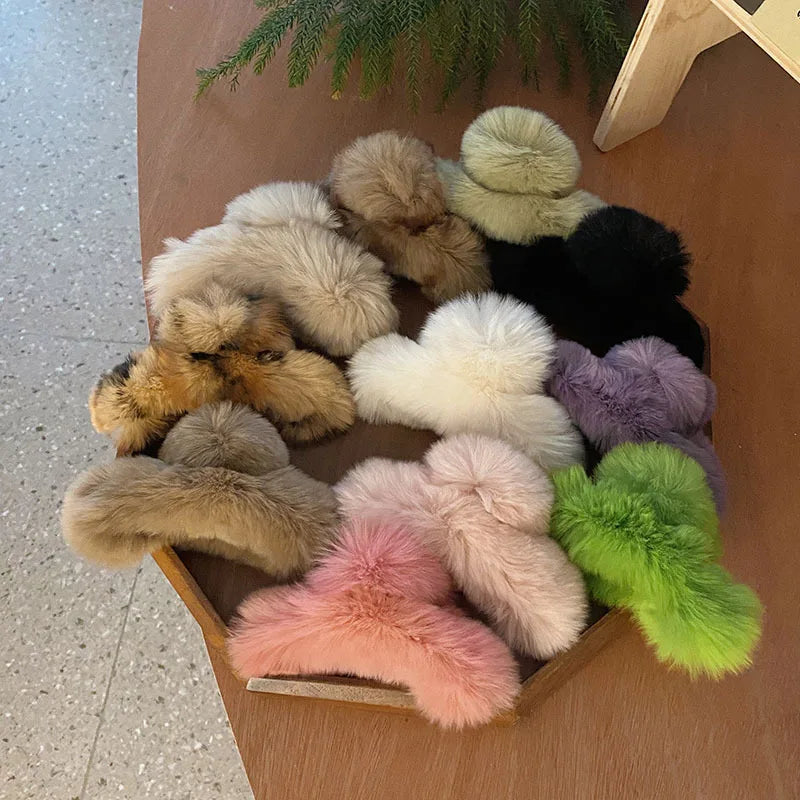 TongLing Colorful Large Faux Fur Hair Claw Clips Plush Hair Catch Barrette Jaw Clamp for Women Thick Hair