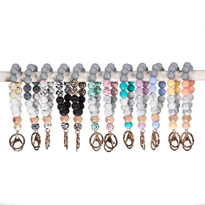 Silicone Beaded Keychain Elastic Bangle Bracelet Keychain Wristlet Key Ring Bangle Chains with Leather