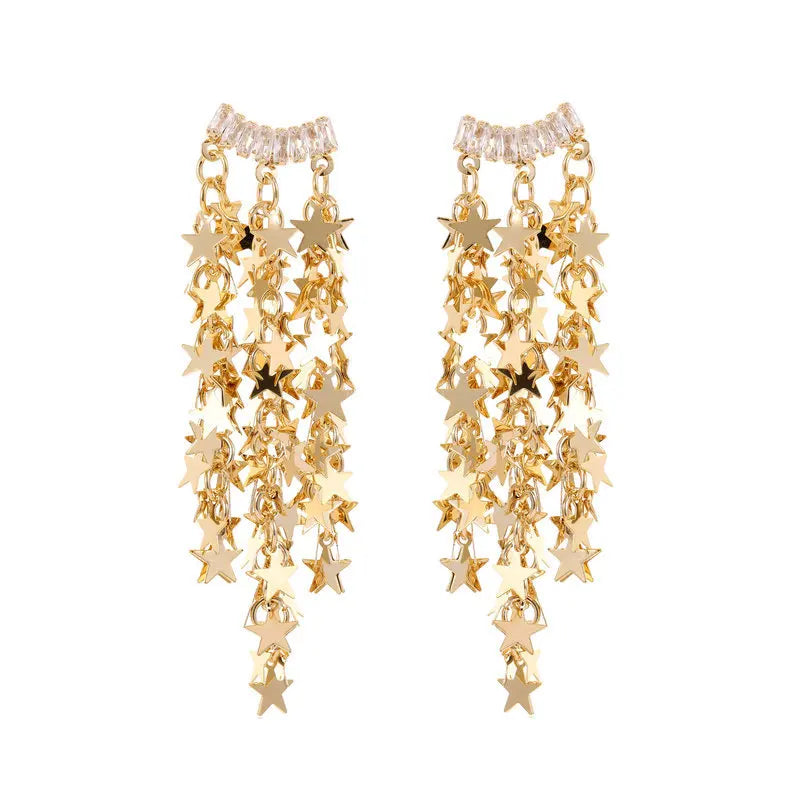 DUYIZHAO Exaggerated Gold Plated Bling Super Popular Online Celebrity Many Metal Sequin Pentagram Star Falls Earrings for Women