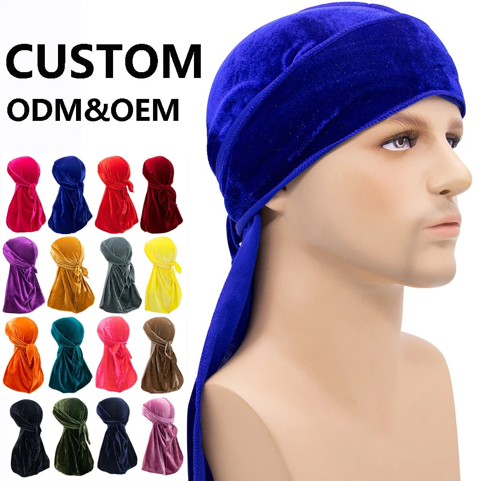 Custom Logo Unisex Soft Velour Polyester Durags for Men-Solid Color Trendy Hiphop Style All Season Outdoor Headwraps