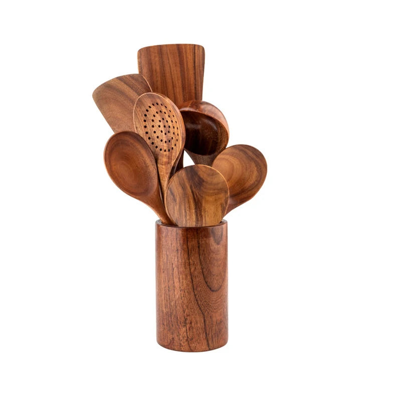 Hot Sale Cooking Baking Travel Camping Reusable Non Stick 8 Pcs Spoon Spatula Wooden Accessories Tools Kitchen Utensil Set
