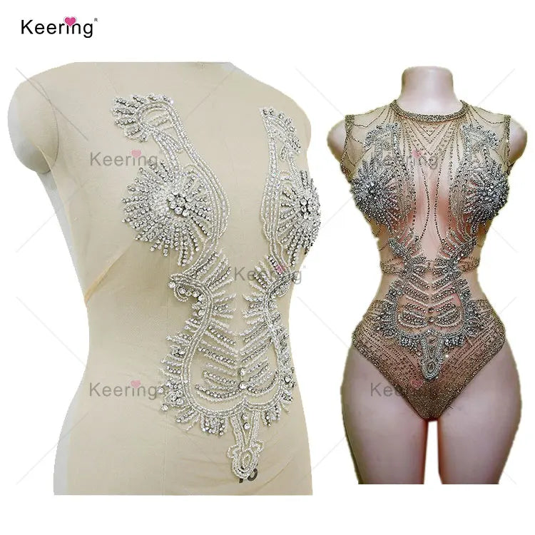 Rhinestone Bodice Applique Patterns Keering Bridal Wedding Dress Silver Rhinestone Applique WDP-112
