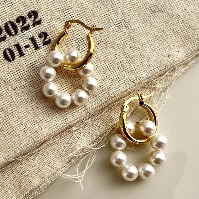 925 Sterling Silver Dainty Handmade Chic Beaded Pearl Gold  Hoop Earrings