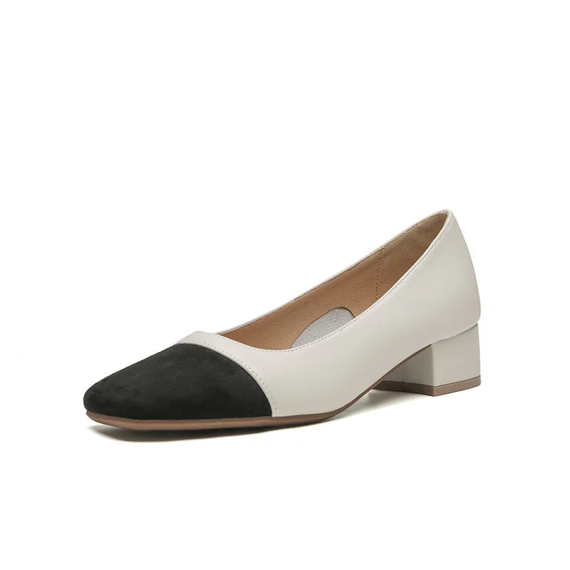 Thick-heeled Single Shoes Women's Glossy Color-blocking square Toe and High Casual Women's Shoes