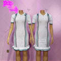 Contrast Stripe Dress Women Knitted Polo-Neck Short Sleeve Ruffles Stretch Hem Casual Trend Streetwear Mini Bodycon Dresses