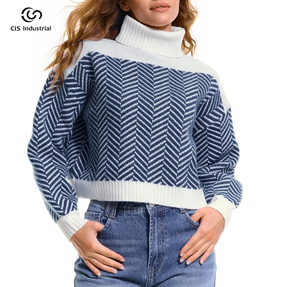 Knitwear Manufacture Custom Women's Knit Jumper batwing Sleeve Thousand Birds Design Jacquard Turtleneck Sweater