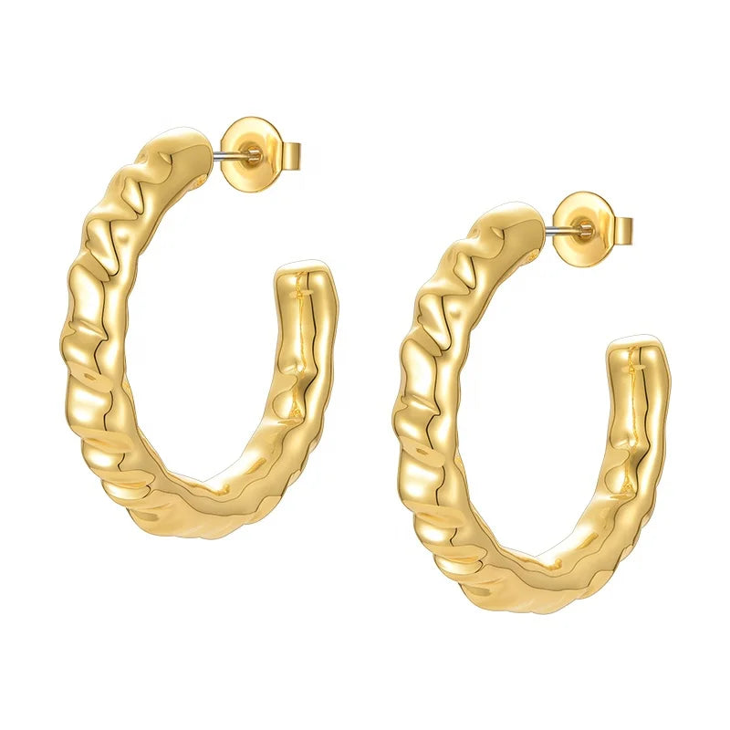 Hypoallergenic 18K Gold Plated Brass Irregular Textured C-Shape Hoop Earrings for Women Fashion Trendy Jewelry E211240