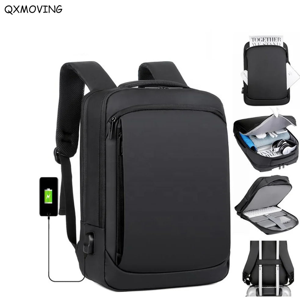 QXMOVING High Quality 15.6 Inch Laptop Backpack Waterproof Anti-Theft Smart Business Bag USB Charger Casual Sport Polyester