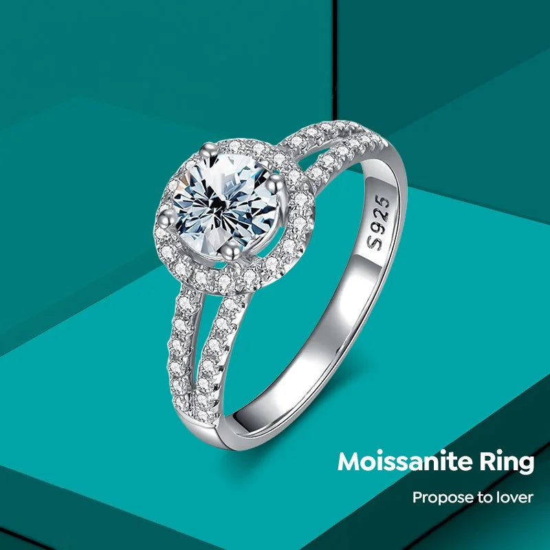 GRA Certified D Color Moissanite 2 Row halo Ring 925 Sterling Silver Rhodium Plated 1 2  Ct Carat Women Engagement Fine Jewelry