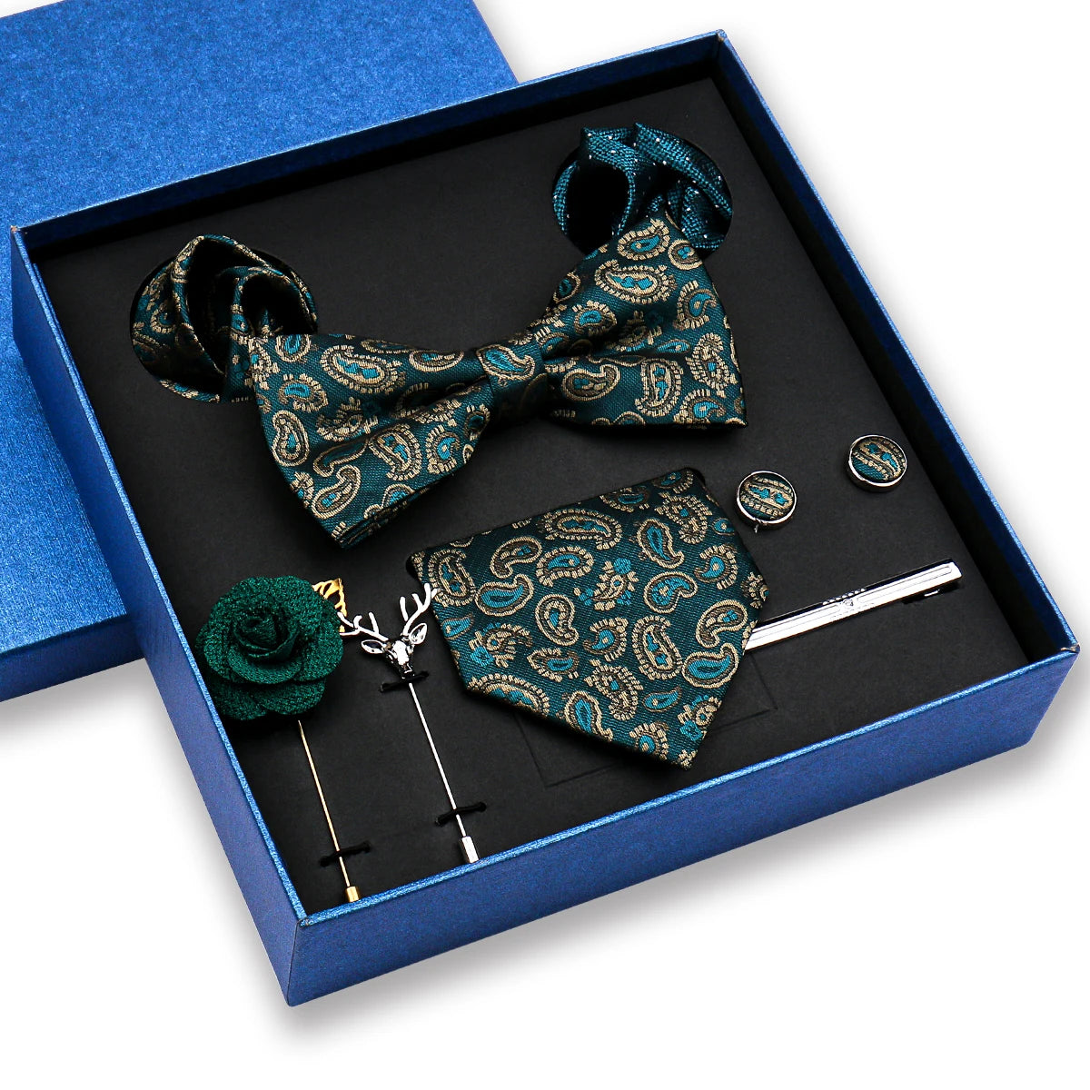 Men's Ties Set Paisley Bowtie Necktie Includes 8pcs Tie Clip Cuff Links Brooch Pocket Square for Party Wedding Gift Set