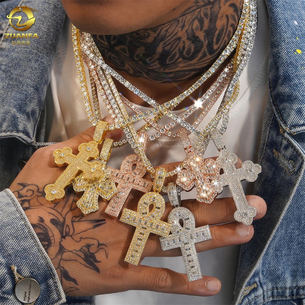 In Stock 3 Style Fashion Men Women Rapper Iced Out 925 Sterling Silver Vvs Moissanite Diamond Cross Pendant