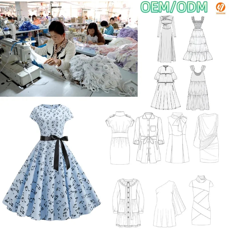 4665 Vintage Summer Midi Dress Women 50s 60s Swing Rockabilly A-Line Chiffon Musical Note Print Floral Office Party