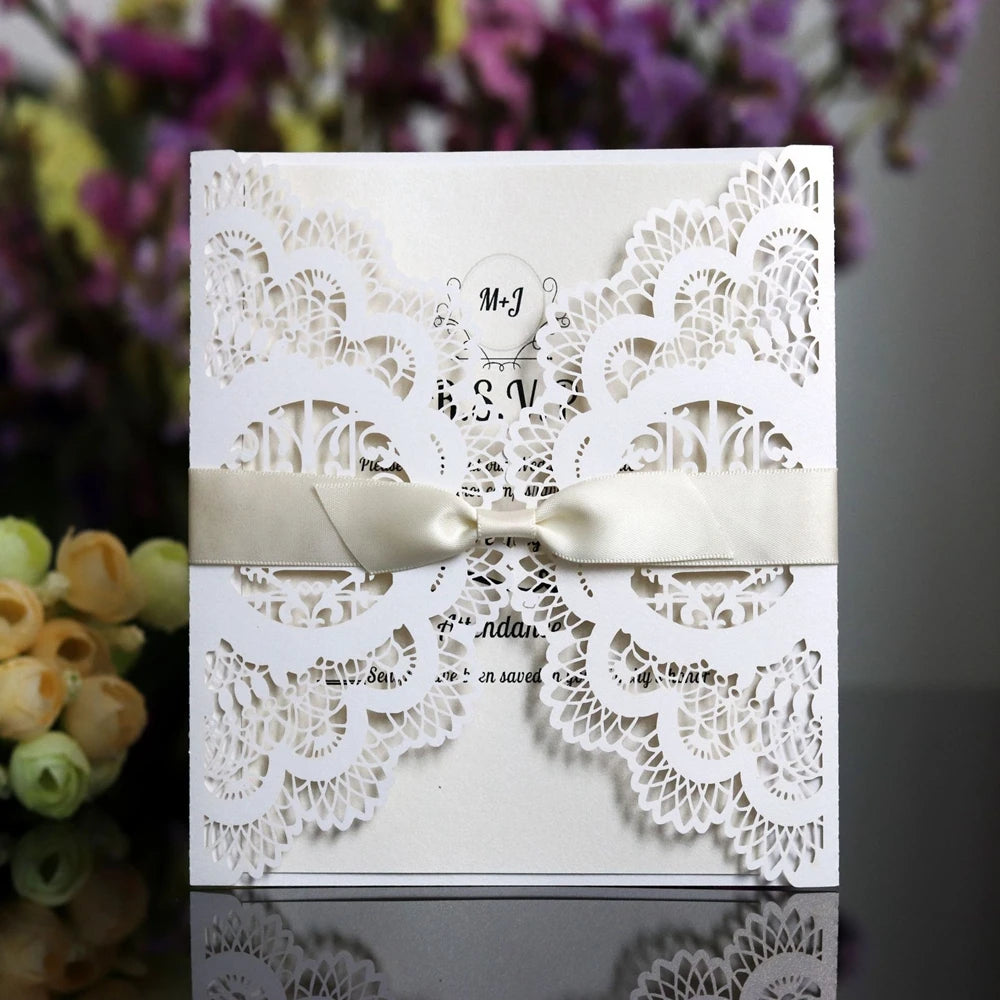 Laser Cut Greeting Card Ivory Ribbon Bow Thank You Card Blank Paper Envelopes