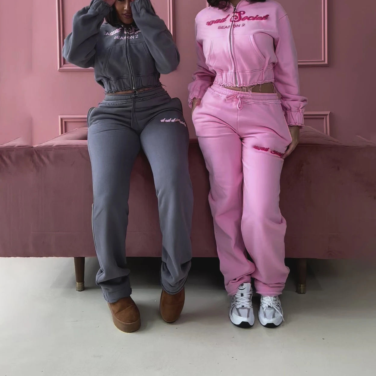 Custom Streetwear French Terry Sweat Suit Woman Puff Printing Cropped Zip up Hoodie and Jogger Sweatpants Set Women Tracksuit