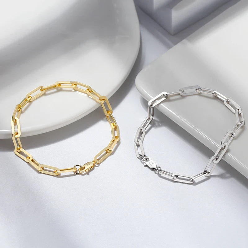 RINNTIN SB109 Solid 925 Sterling Silver Italian 14K Gold Plated Genuine Paperclip Link Chain Bracelet for Women