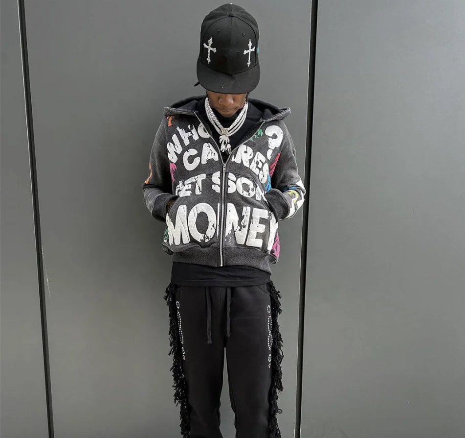 KY Washed Rhinestone Manufacturer for Puff Print Hoodies ZipUP Hoodie Manufacturers Custom Streetwear Hoodie for Men Puff Print