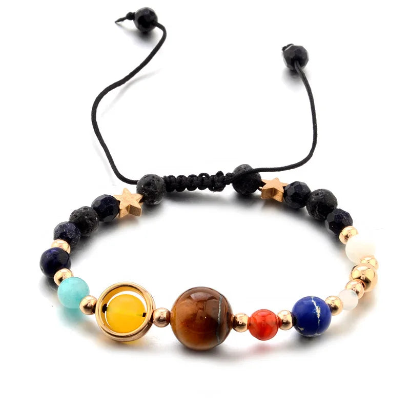 Solar System Planet Beads Heart Shaped Agate Crystal Amethyst Healing Energy Stone Chain Link Bracelet Natural Stone Gift