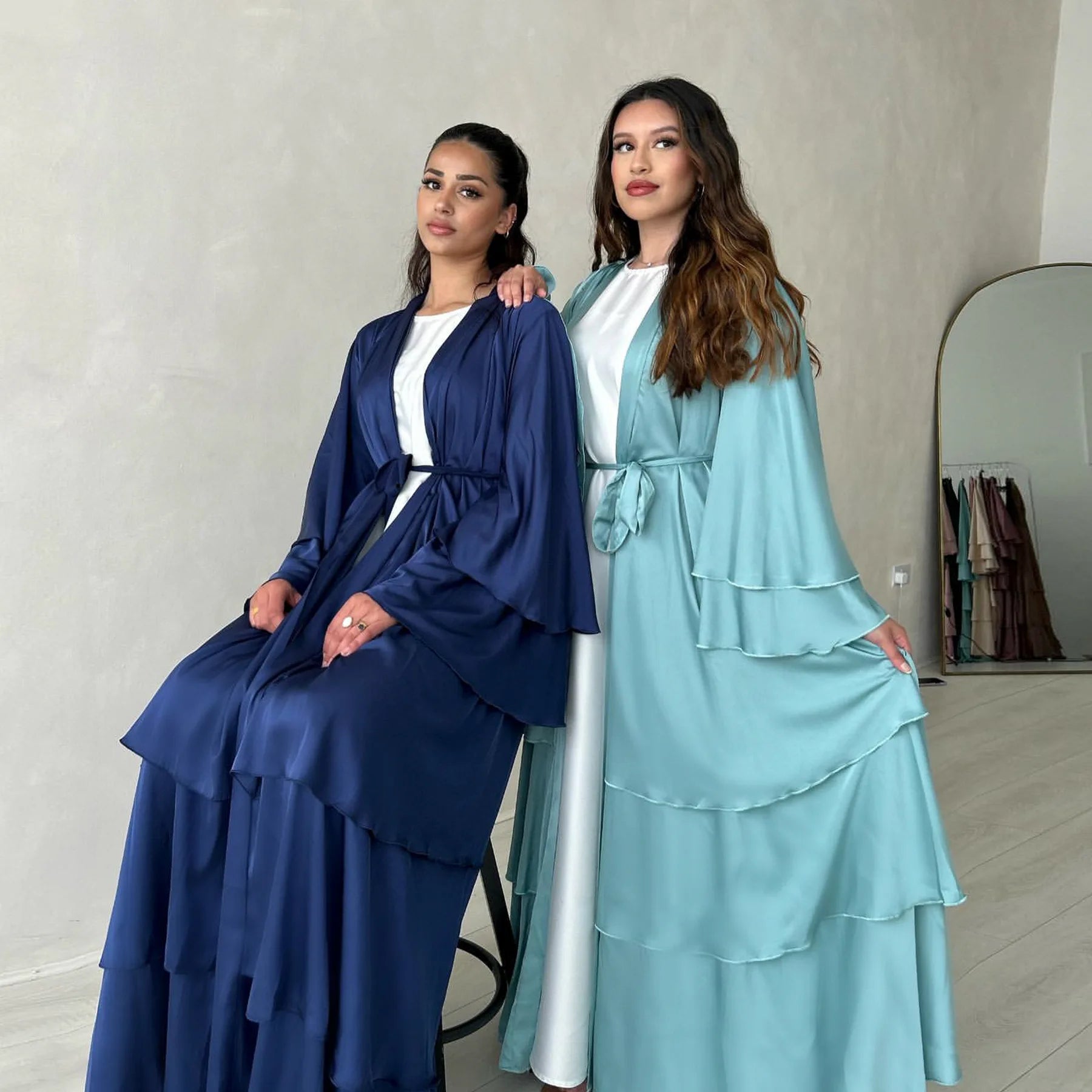 Enyami Luxury Muslim Eid S-2XL Lace-up Ruffles Robes Cardigan Satin Loose Maxi Abaya Dresses Women for Dubai Middle East Turkey