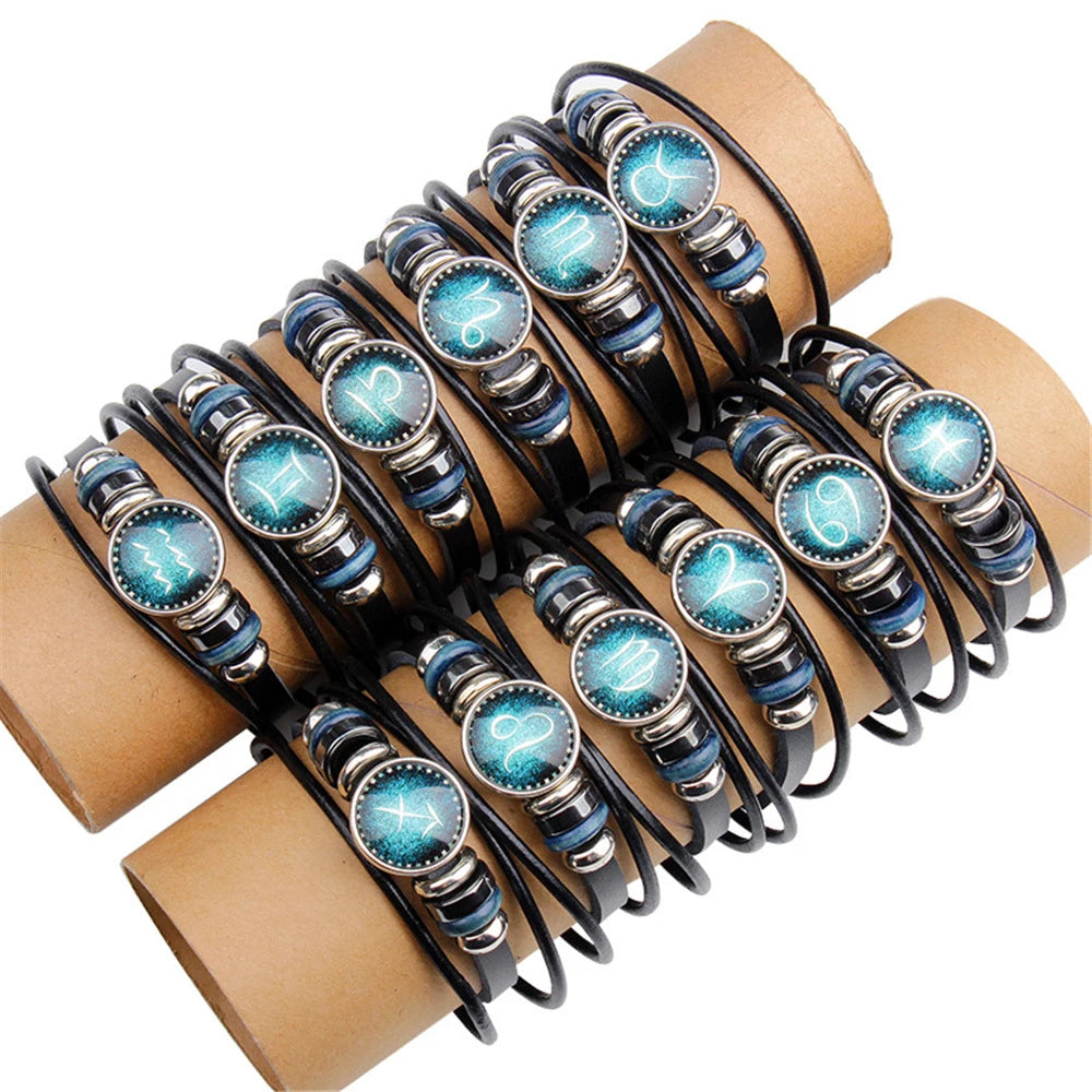 Vintage Fashion Black Wide Horoscope Strap Wristband Zodiac Sign Mens Multi Layer Bracelets Leather