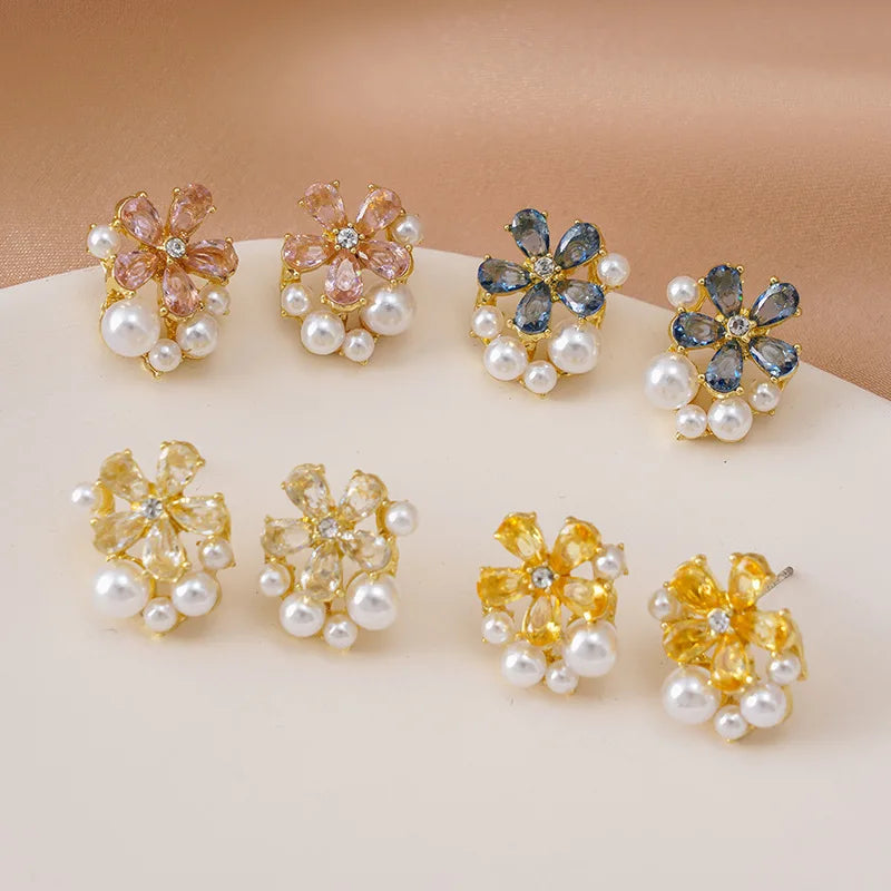 Simple Small White Pink Flower Stud Earrings Zircon Pearl Flower Earrings for Women