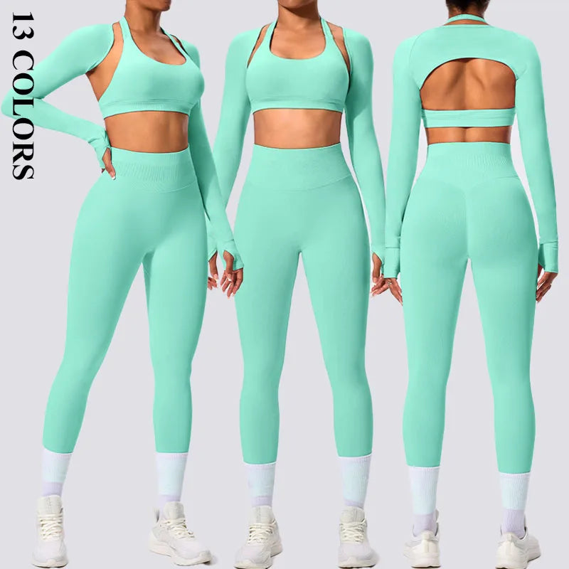 Women's Lightweight New Trend 3-Piece Sports Set Breathable Seamless Yoga Suit Shockproof Beauty Back Bra Quick Dry Butt Lift