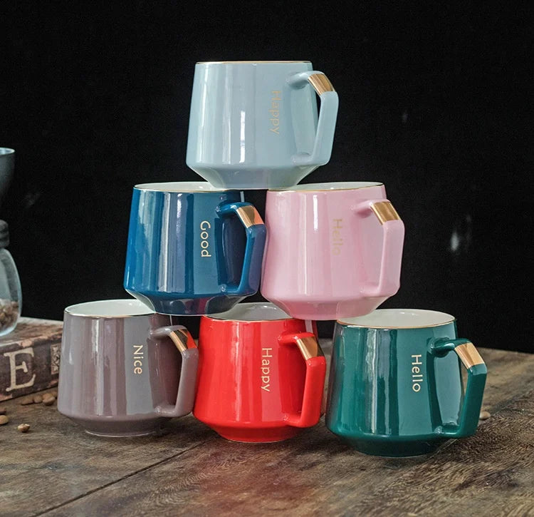 China Factory Stock Novelty 360ml 12oz Ceramic Coffee Mug with Golden Rim Unique Design Cheap Stoneware Cup with Gold Handgrip