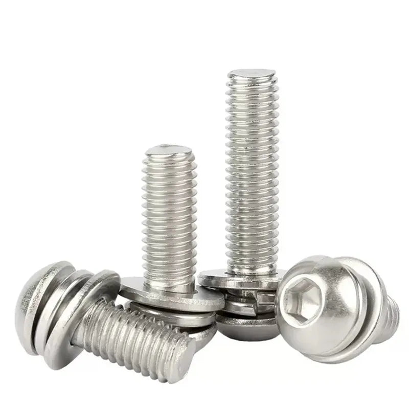 M4 X 6mm Bolt With Spring Washer and Flat Washers Attached Pan Head Hexagon Socket SEMS Combination Screw 18-8 Stainless Steel