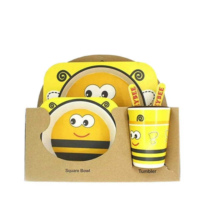 5Pcs Bamboo Fiber Children's Animal-Themed Dinnerware Sets Creative Cartoon Bowl Divided Plate Spoon Fork Cup