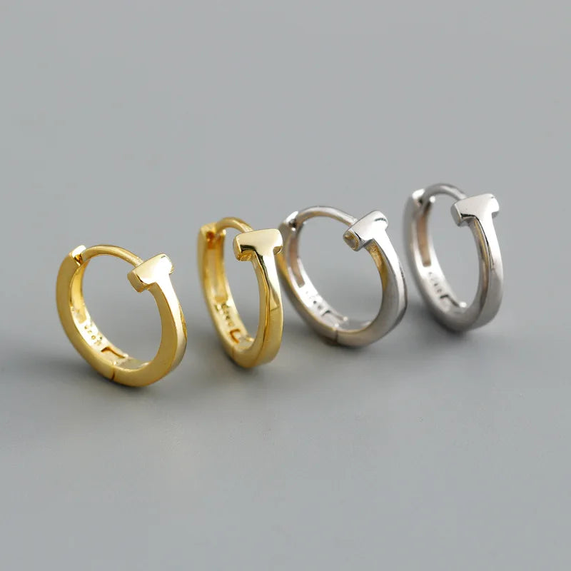 Wholesale Women Fine Jewelry 925 Sterling Silver T Shape Hoop Earrings 18K Gold Plated Earrings