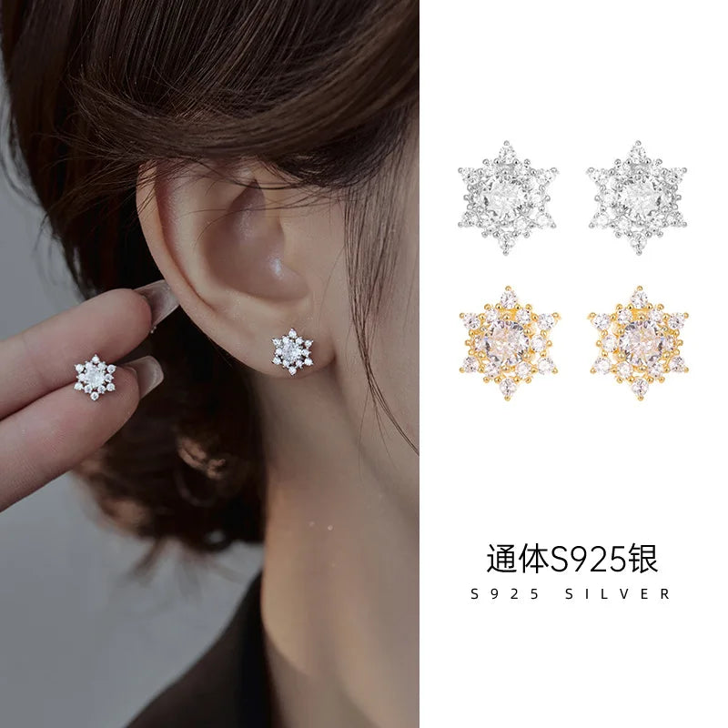 French Style 925 Sterling Silver Sparkling Snow Flower Sun Flower Zircon Gold Plated Stud Earrings for Women