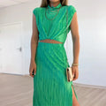 S-2XL New Crimped Half-high Collar Short Shirt High Waist Split Mid-length Skirt Two-piece Set