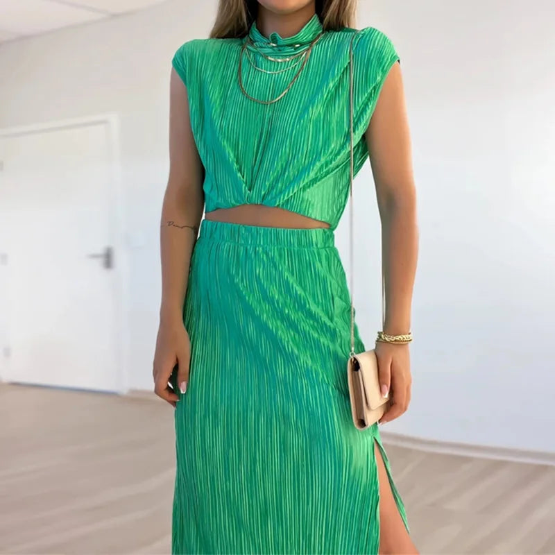 S-2XL New Crimped Half-high Collar Short Shirt High Waist Split Mid-length Skirt Two-piece Set