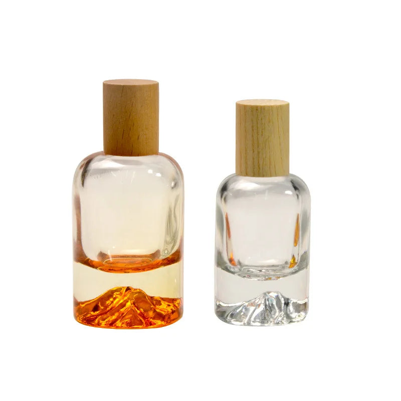 Factory Custom 30ml/50ml Perfume Glass Bottle Volcano Bottom Wood Cap Pump Sprayer Skin Care Cream Diffuser Screen Printing