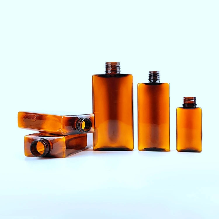 50ml to 200ml Customized Amber Skin Care Shampoo Lotion Serum Cream Flat Shoulder Rectangular PET Bottle with Pump