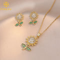 Tarnish Free Ladies Fashion Gold Plated Zirconia Sunflower Pendant Earrings and Necklaces Set