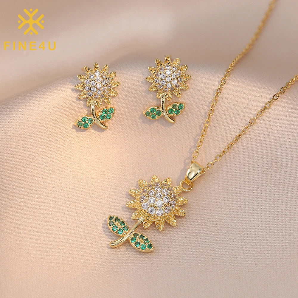 Tarnish Free Ladies Fashion Gold Plated Zirconia Sunflower Pendant Earrings and Necklaces Set