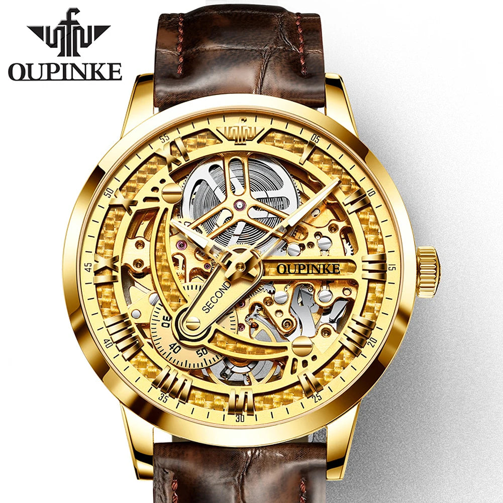 Oupinke 3173  Low Moq Custom OEM Luminous Stainless Steel Tourbillon Skeleton Mechanical Luxury Wrist Men Watch Wristwatch