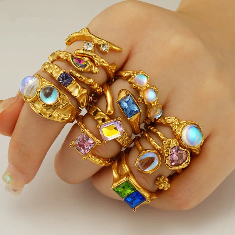 RisingMoon Luxury 18K Gold Plated Jewelry Rhinestone Zircon Crystal Moon Stone Rings Stainless Steel Ring for Women Adjustable