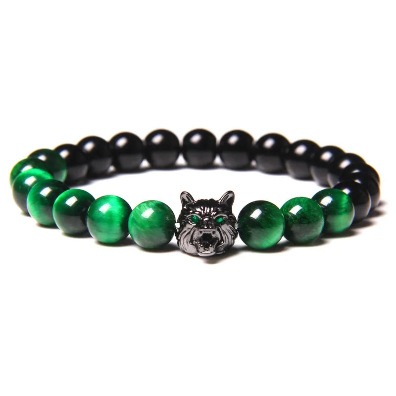 Wolf Head Lava Rock Bracelet Healing Crystal Stress Relief Anti Anxiety Energy Stone Beaded Bracelet