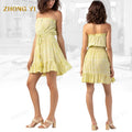 Factory Wholesale Customized Chiffon Printed Women Strapless Casual Short Fashion Elegant Ruffle Edge Waist Holiday Mini Dress