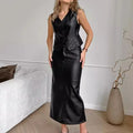 Enyami Faux Leather Midi Skirts Red PU Leather V-neck Sleeveless Vest High Waist Skirt Women's Suit