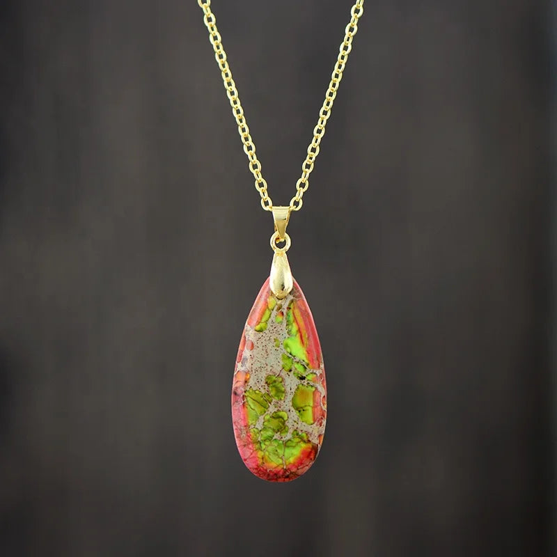 Boho Chic Turquoise Energy Balance Necklace Gold-Plated Link Chain Colorful Waterdrop Pendant Spiritual Wedding Jewelry