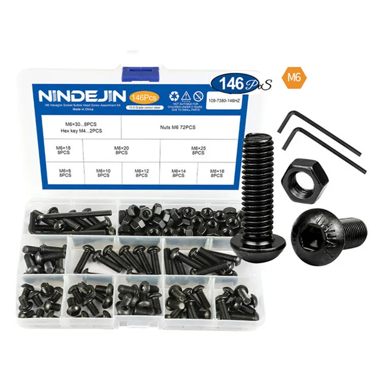 Black 10.9 Grade Alloy Steel Hexagon Socket Allen Round Head Bolts Nuts Set with Washers M2 M2.5 M3 M4 M5 M6 Screw Kit