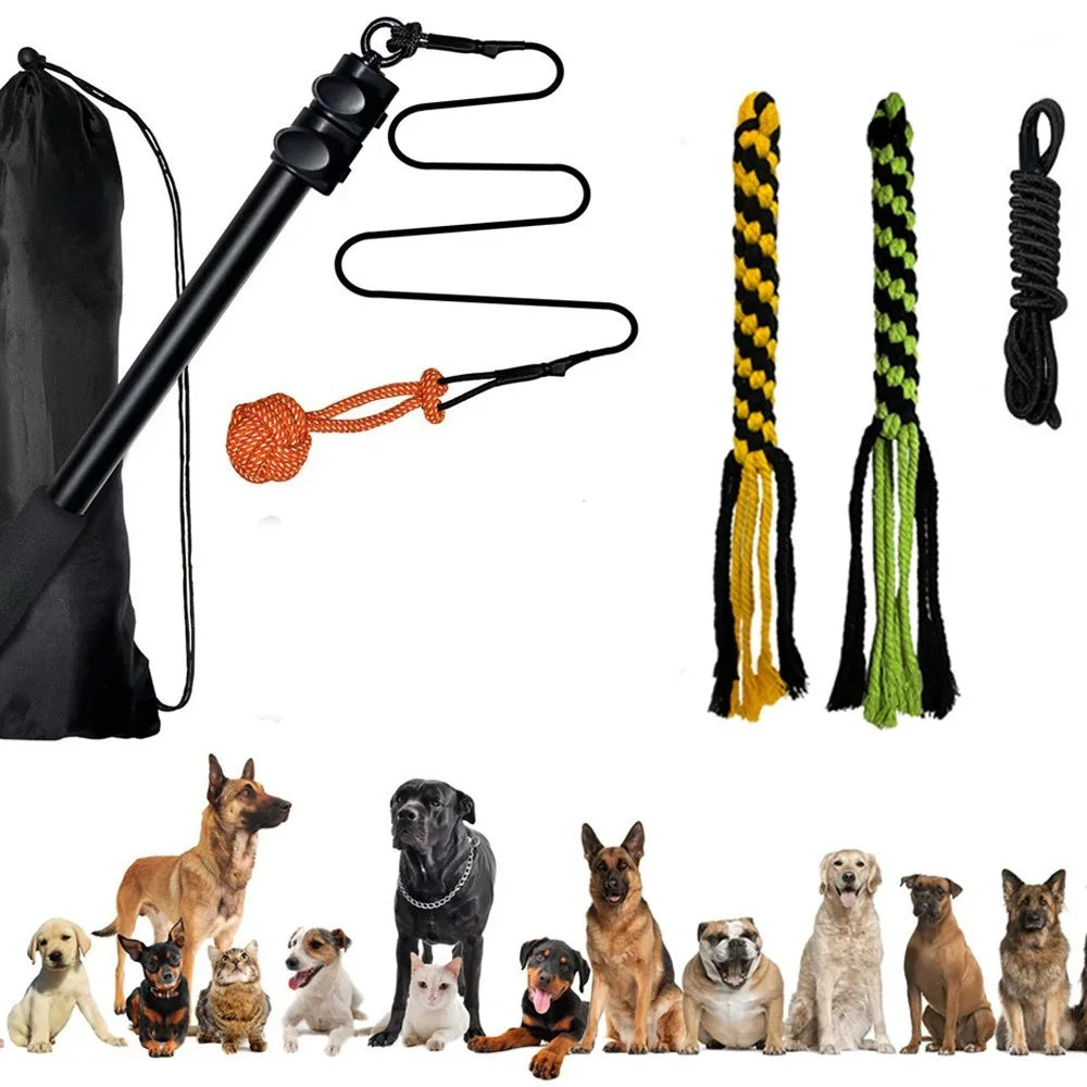Extendable Dog Flirt Pole Toy Tug Tease Wand Non-Bungee Cord Dog Toy for Fun Obedience Training With Rope Chew Toy