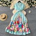 LW0765 2025 Spring Dress Elegant Short-Sleeved Suit Collar Tie Waist Print Swing Dress Woman Dresses Women Lady Elegant