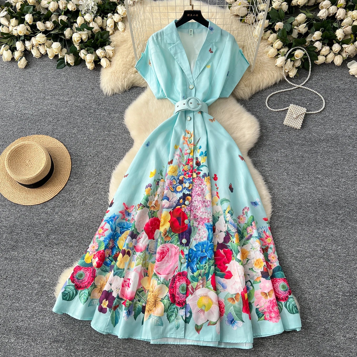 LW0765 2025 Spring Dress Elegant Short-Sleeved Suit Collar Tie Waist Print Swing Dress Woman Dresses Women Lady Elegant