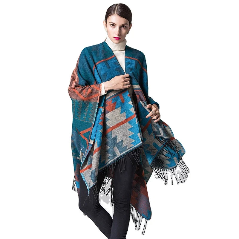 2023 New Model Poncho Indian Geometric Tassel Split Shawl Cape Travel Scarf Double Sided Cloak Cashmere Women Coat Scarf