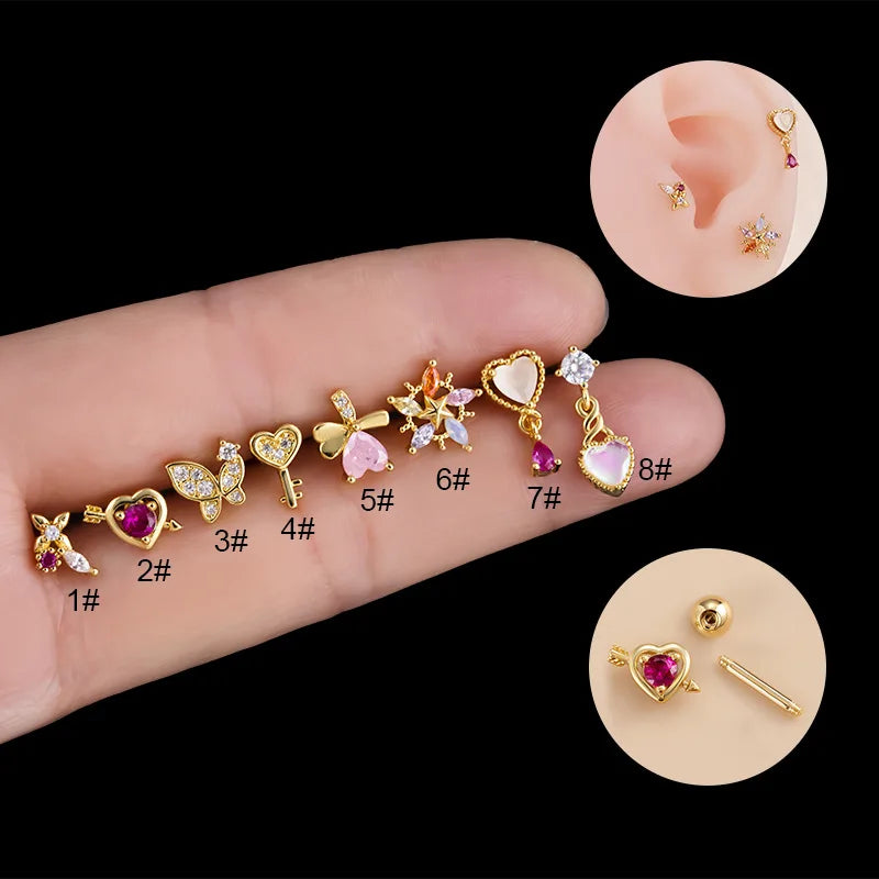 Stocks Selling Stainless Steel Butterfly Cartilage Flower Stud Earrings Iced Out Zircon CZ Earrings Ear Piercing Jewelry