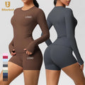 Custom Logo  Solid Gym 2 Piece Fitness Sports Suit Long Sleeve Shirts  Elastic Waist Women Legging Shorts Yoga Sets
