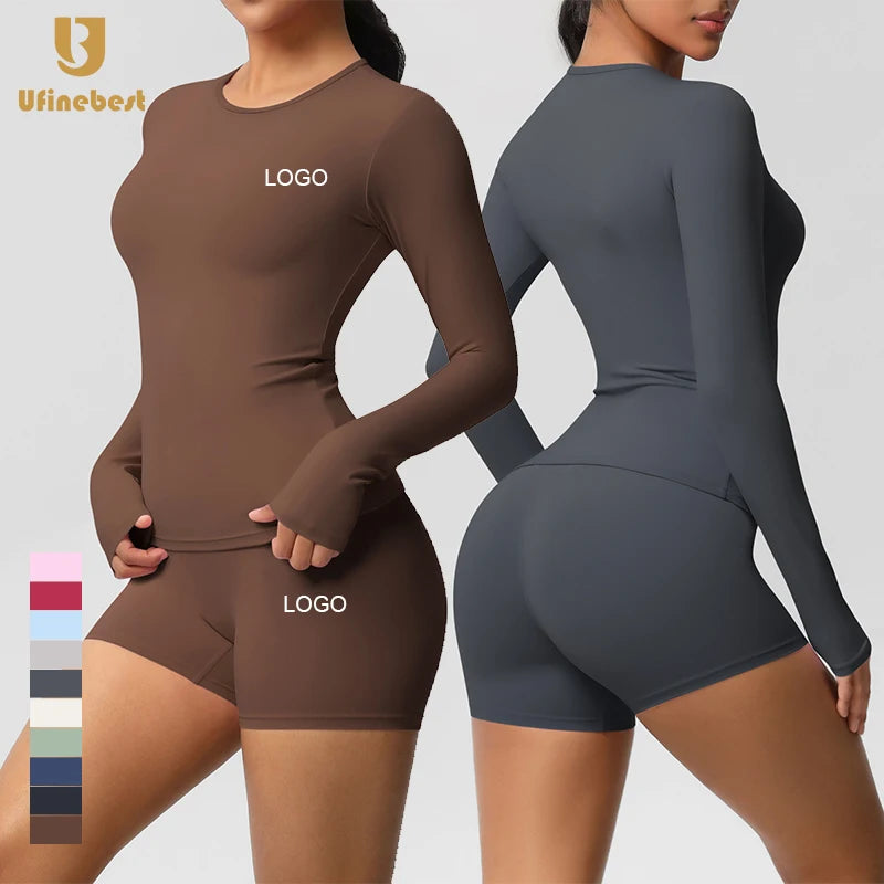 Custom Logo  Solid Gym 2 Piece Fitness Sports Suit Long Sleeve Shirts  Elastic Waist Women Legging Shorts Yoga Sets